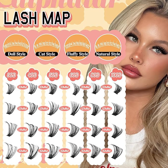 Lash Clusters Kit 30D-100D Wispy Eyelash Extension Kit 474pcs Individual Lashes 8-16MM Cluster Eyelash Extensions DIY Lash Extension Kit D-Curly Eyelash Clusters with Lash Bond and Seal Lash Tweezers