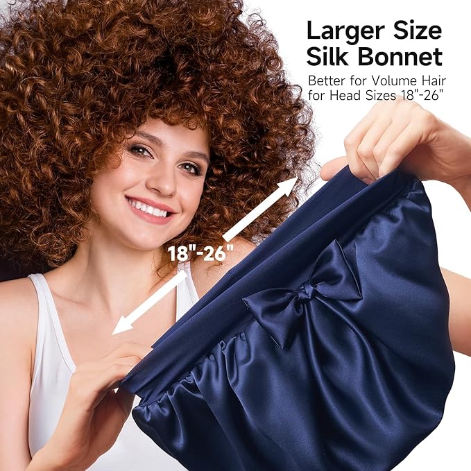 Double-Sided 22 Momme 100% Real Mulberry Silk Bonnet for Sleeping Women, Large Hair Care Bonnet for Long Curly Hair, Double Layer Silk Wrap with Soft Elastic Band, Non-Slip Sleep Cap, Navy Blue