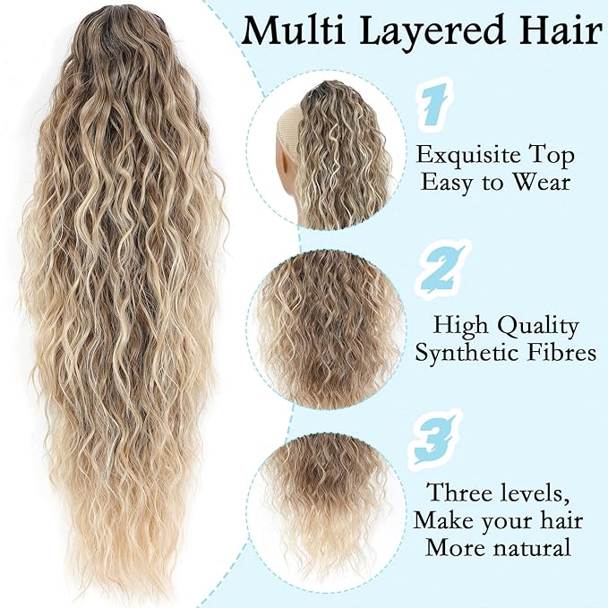 Ponytail Extension, Claw Clip on Pony tails Hair Extension for Women 18 Inch Long Wavy Curly Fake Ponytail Clip in Hair Pieces for Women Fluffy Natural Looking (Ombre Brown To Blonde, 18 Inch)