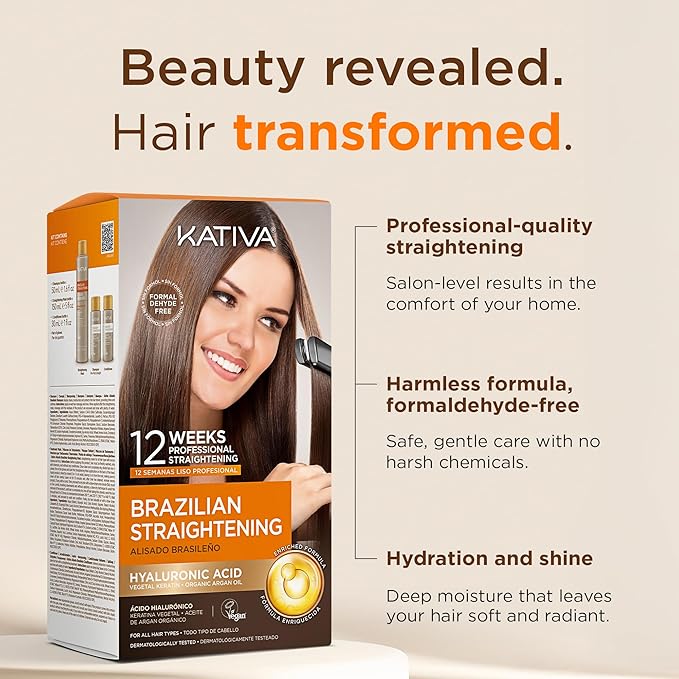 KATIVA Brazilian Keratin Treatment Kit at home Formaldehyde Free Hair Straightening with Hyaluronic Acid, Up to 12 Weeks Frizz Control for Curly, Wavy, Frizzy Hair (Straightening Kit)