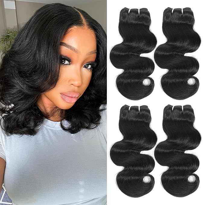 HVN-KVVM Body Wave Bundles Human Hair 12 Inch 12A Human Hair Bundles 100% Unprocessed Brazilian Virgin Hair Quick Weave Deals 4 Bundles Human Hair Natural Black Color (12/12/12/12, 4 Bundles)