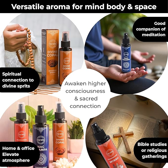 Set Of 3 Smudge Sprays Frankincense Myrrh|Nag Champa|Copal For Cleansing Negative Energy And Protection - Natural Room Sprays And Body Mists Made With Non Toxic Essential Oils