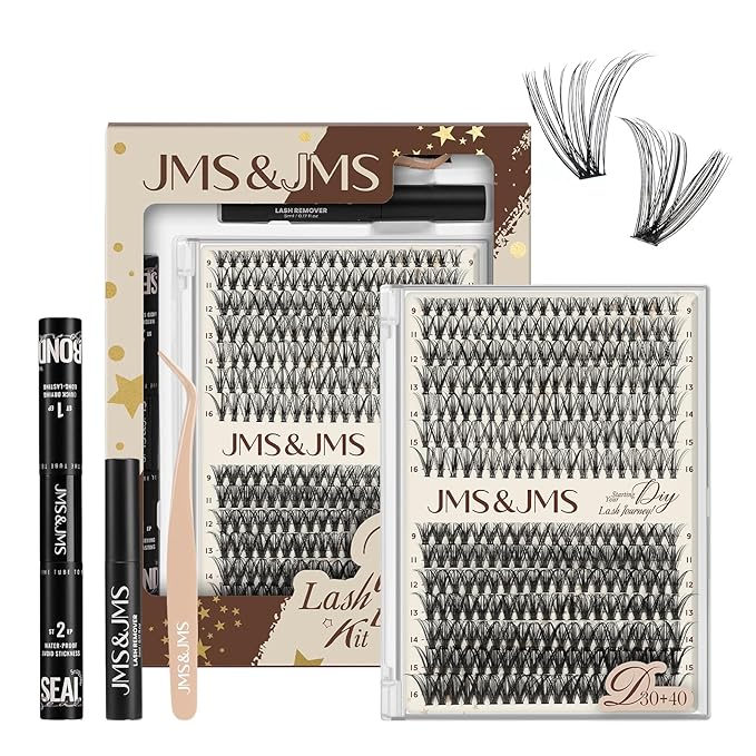 JMS&JMS DIY Lash Extension Kit 280PCS Lash Clusters Kit 30D+40D D Curl 9-16MIX Cluster Eyelash Extensions Kit with Lash Bond and Seal, Lash Remover, Lash Tweezers at Home