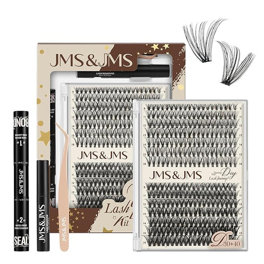 JMS&JMS DIY Lash Extension Kit 280PCS Lash Clusters Kit 30D+40D D Curl 9-16MIX Cluster Eyelash Extensions Kit with Lash Bond and Seal, Lash Remover, Lash Tweezers at Home