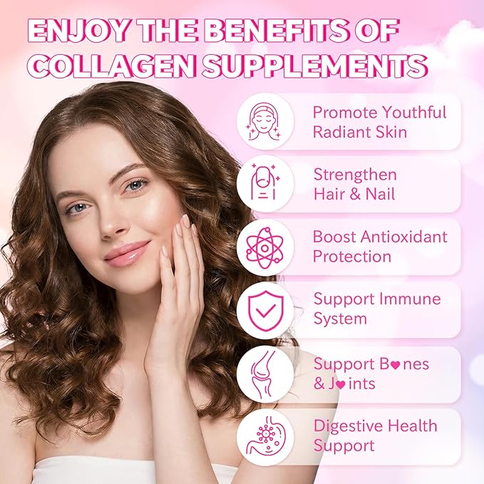 Collagen Gummies for Women Men, Hydrolyzed Collagen Protein Type I II III V X with Biotin Vitamin C A B D E Hyaluronic Acid for Hair, Skin, Nails, Joint, Immune Support, Raspberry Flavor, 60 Count