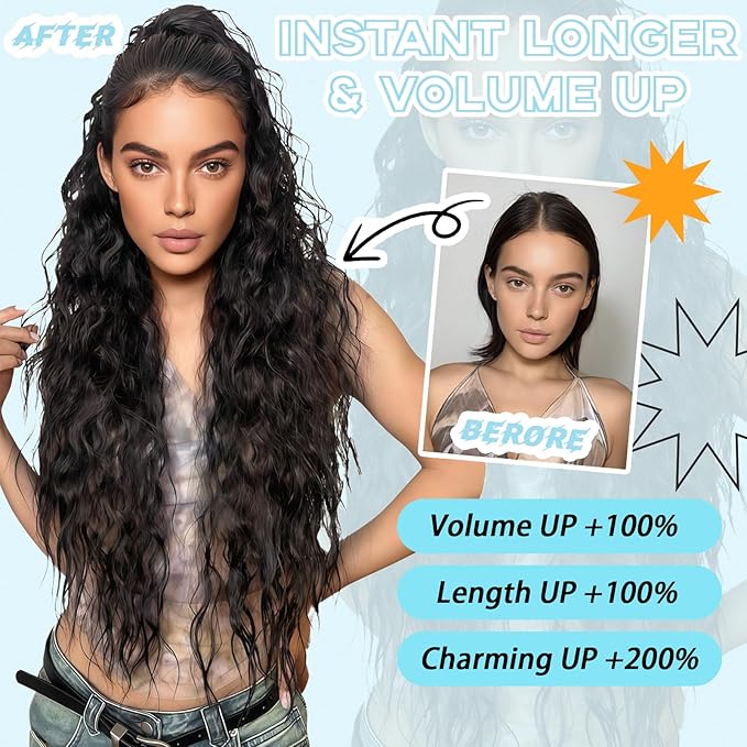 Ponytail Extension, Claw Clip on Pony tails Hair Extension for Women 22 Inch Long Wavy Curly Fake Ponytail Clip in Hair Pieces for Women Fluffy Natural Looking (Dark Brown Black, 22 Inch)