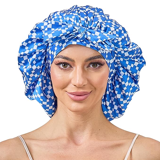 Silk Satin Bonnet for Sleeping Hair: Women Sleep Night Wrap Cap for Straight Wavy Curly Coily Kinky Natural Hair Head by Tie Band - Blue & White Checkered + Pink