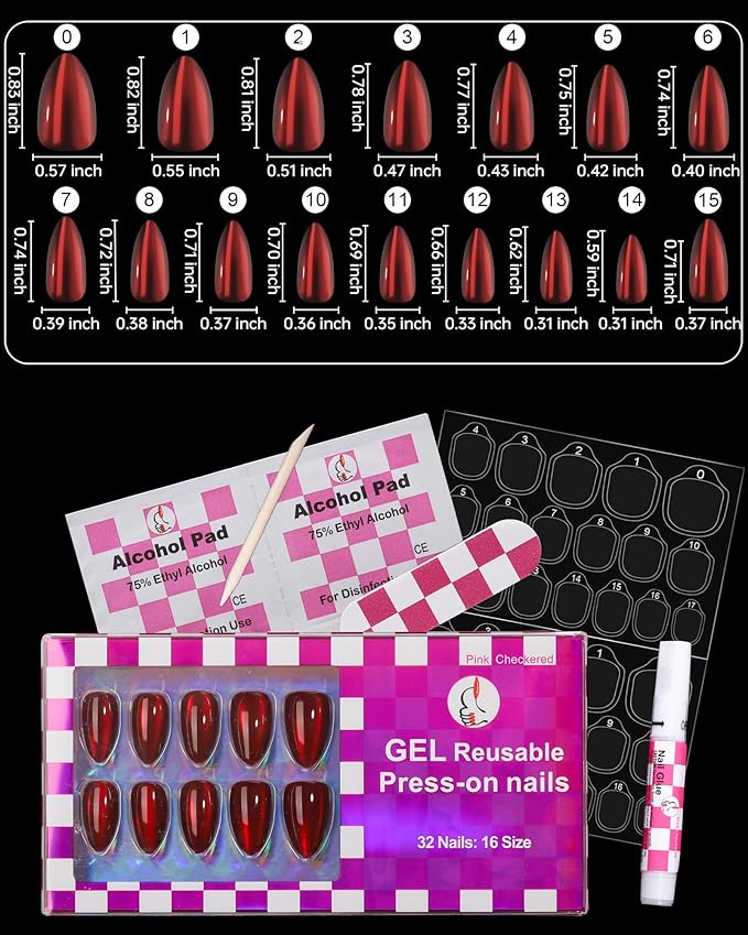 OIFEN Burgundy Red Cat Eye Press on Almond Nails Short 16 Sizes Glass Glossy Gel Fake Manicure with Glue & Stick