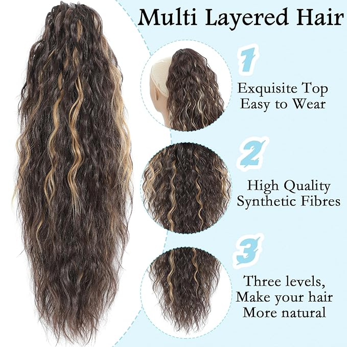 Ponytail Extension, Claw Clip on Pony tails Hair Extension for Women 28 Inch Long Wavy Curly Fake Ponytail Clip in Hair Pieces for Women Fluffy Natural Looking (Chocolate Brown with Blonde Highlights)