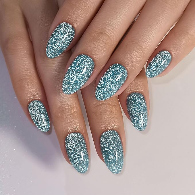 SHANGMENG Glitter Peacock Blue Press on Nails Almond Short with Sparkling Diamond - Soft Gel Fake Nails for Women Gift, Glossy Stick On Nails with Glue in 16 Sizes - 32 Reusable Nails, Peacock Blue