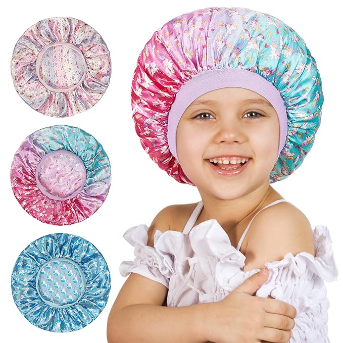 3 Pcs Bonnet for Kids, Kids Bonnets for Girls, Satin Silk Hair Bonnet for Sleeping, Soft Wide Band Sleep Cap for Curly Hair Braids for Teens Child Toddler