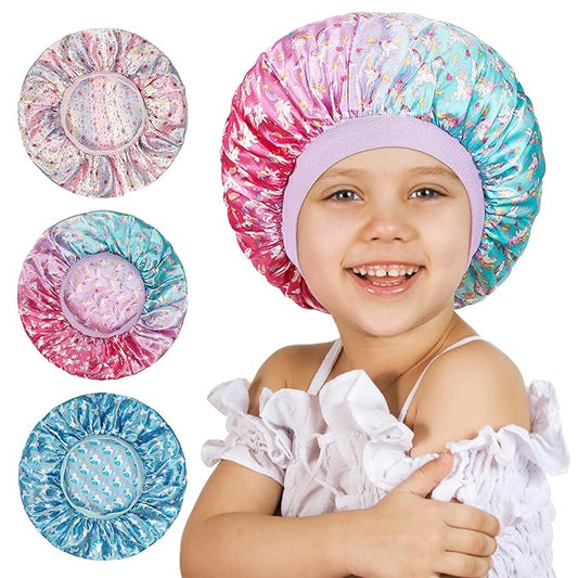 3 Pcs Bonnet for Kids, Kids Bonnets for Girls, Satin Silk Hair Bonnet for Sleeping, Soft Wide Band Sleep Cap for Curly Hair Braids for Teens Child Toddler