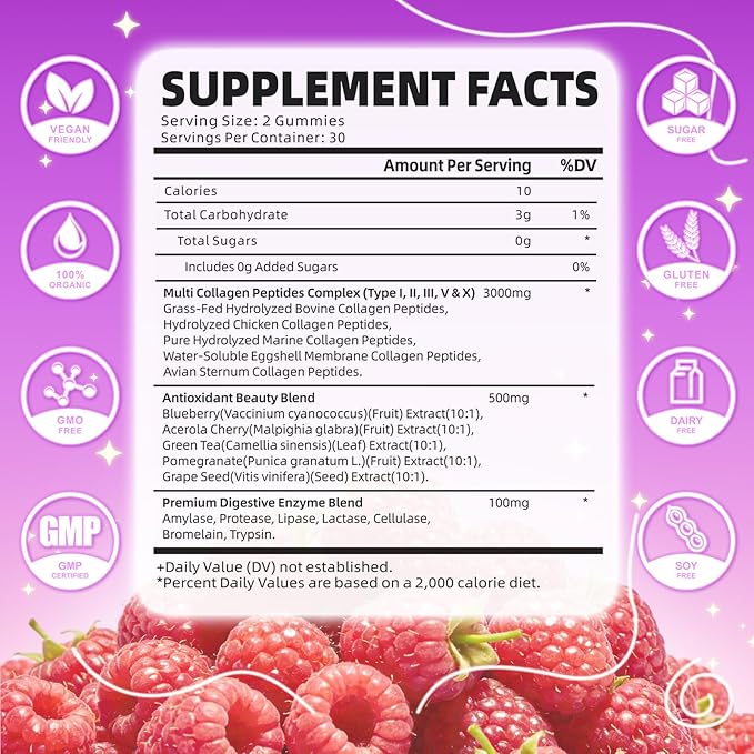 Collagen Gummies for Women & Men Sugar-Free, Hydrolyzed Collagen Peptides with Antioxidant Blend & Digestive Enzymes, Multi Collagen (Type I,II,III,V,X) for Skin Hair Nails, Raspberry Flavor, 60 Count