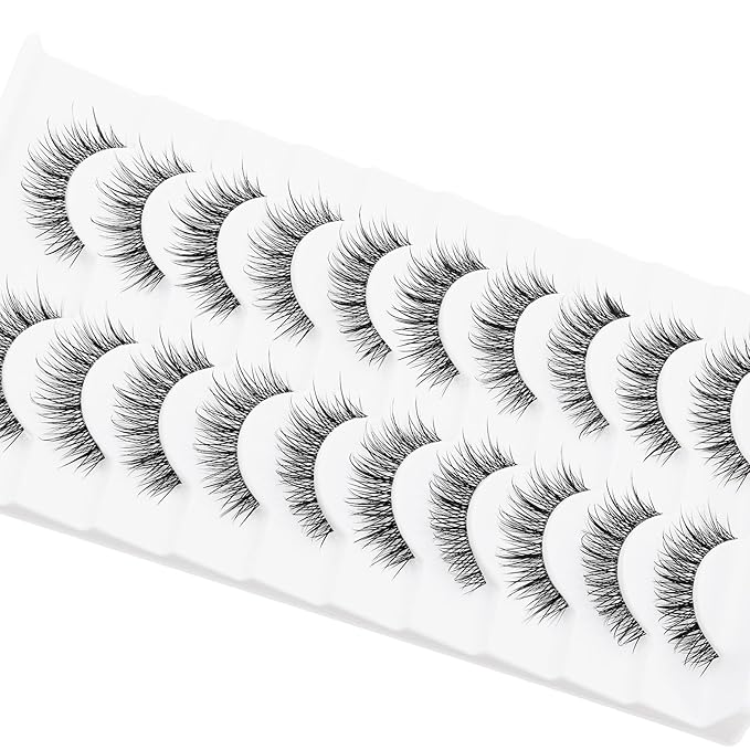 outopen 10 Pairs Manga Lashes Natural Look Clear Band Lashes Japanese Anime Eyelashes Asian Style False Eyelashes Wispy Thin Band False Lashes Korean Makeup Fake Eyelashes Fairy Lash Clusters