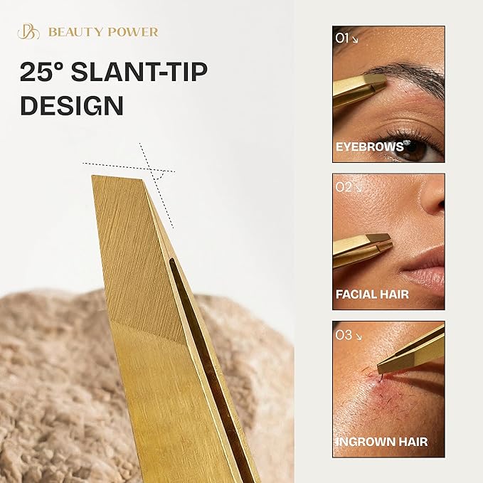 Beauty Power Ultra-Precision Professional Slant Tweezers for Women Facial Hair - German Stainless Steel, Lightweight Black Tweezers for Women & Men, Ideal for Eyebrow & Facial Grooming (Matte Gold)