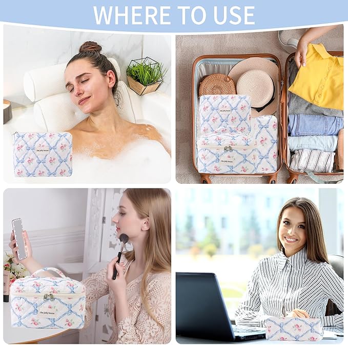 LAKSMI 3PCS Cotton Quilted Floral Makeup Bag Set for Women, Cute Make Up Bags with Brush Pockets, Large Wide-Open Toiletry Pouch Gifts for Toiletries Accessories Travelling Essentials