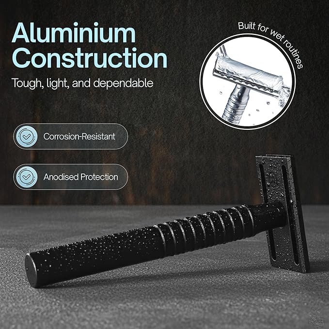 Reggie’s Razors Jupiter Aluminum Safety Razor for Men - Double Edge Shaving Razor, CNC-Machined - Made in UK - Aerospace Grade, Textured Grip, Suitable All Skin Types - Includes 10 Blades – Black