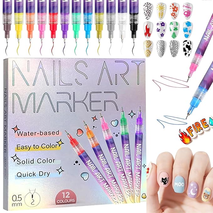 12 Colors Nail Art Pens Set,0.5mm Fine Tip Nail Polish Pens Set,Quick-dry Waterproof Drawing Painting Pens,Portable Upgrade Nail Art Tools for Home Salon and DIY Nail Art Design