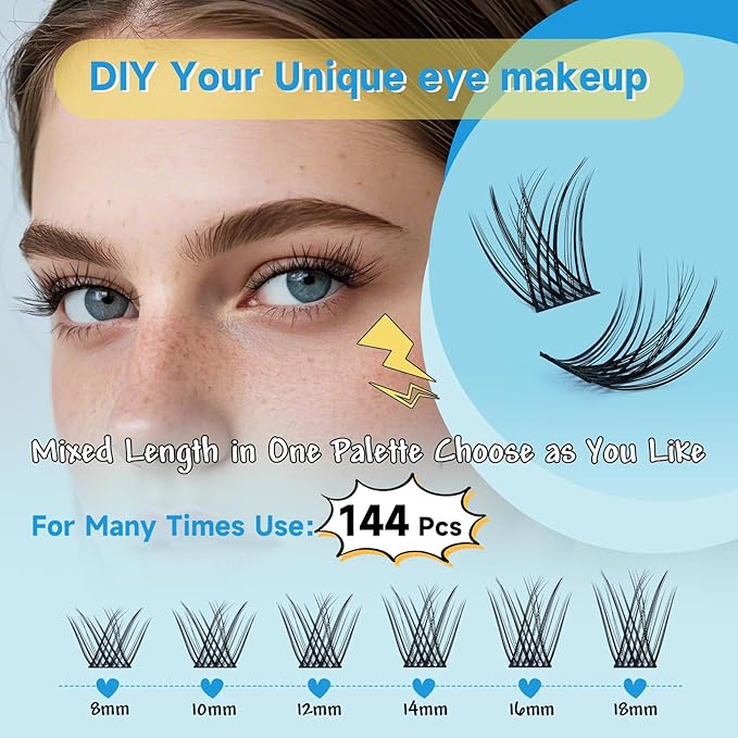 KevKev Lash Clusters Kit Eyelash Clusters Kit 144pcs Cluster Eyelash Extensions Kit DIY Lash Extension Kit Wispy Lash Clusters with Lash Bond and Seal Lash Applicator Lash Remover(Ice, D-8-18mix)