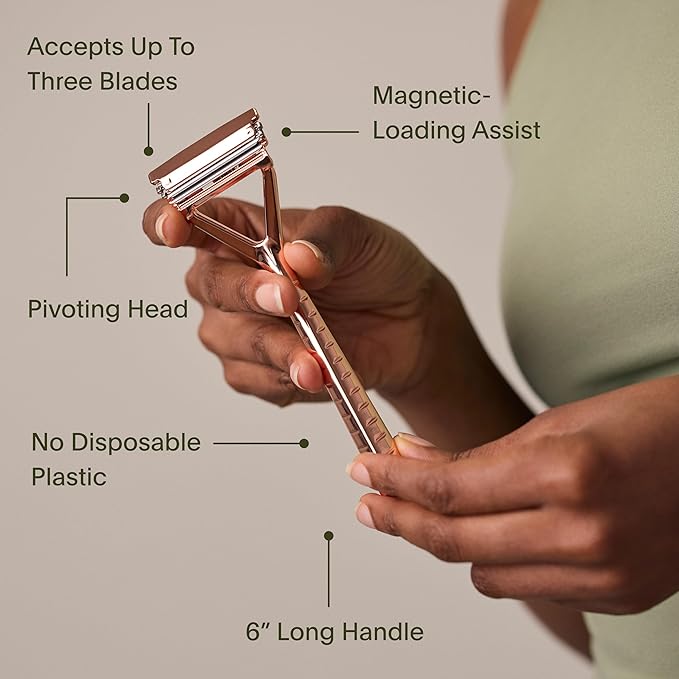 Leaf Shave | Leaf Razor Set, All-Metal Safety Razor with Pivoting Head & Adjustable Blade Loading, Includes Matching Stand, 50 Single-Edge Refills, and Recycling Bank for Used Blades - Mercury