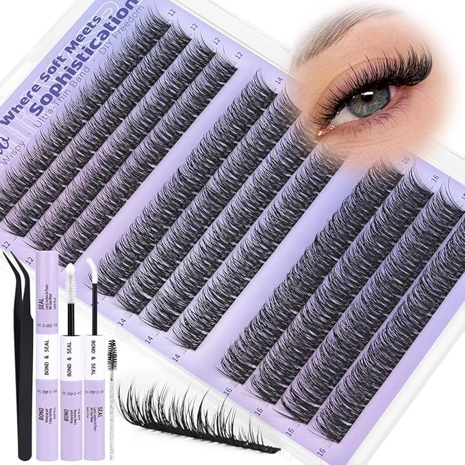 Kiromiro Natural Lash Clusters Kit 12-16mm Cluster Eyelash Extensions C Curl Individual Lash Clusters Kit 144pcs DIY Wispy Eyelash Clusters with Bond and Seal & Tweezers
