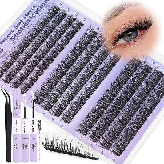 Kiromiro Natural Lash Clusters Kit 12-16mm Cluster Eyelash Extensions C Curl Individual Lash Clusters Kit 144pcs DIY Wispy Eyelash Clusters with Bond and Seal & Tweezers