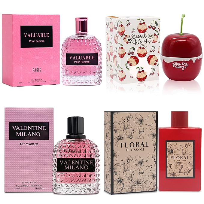 A CENTER 4PCS Perfume Set for Women - Floral Fragrance Gift Set with Vanilla,Sweet Fruity, Eau De Parfume| 3.4 Fl Oz Each Women's Cologne(Valentine Milano,Valuable,Sweet Cherry,Floral Bloom)