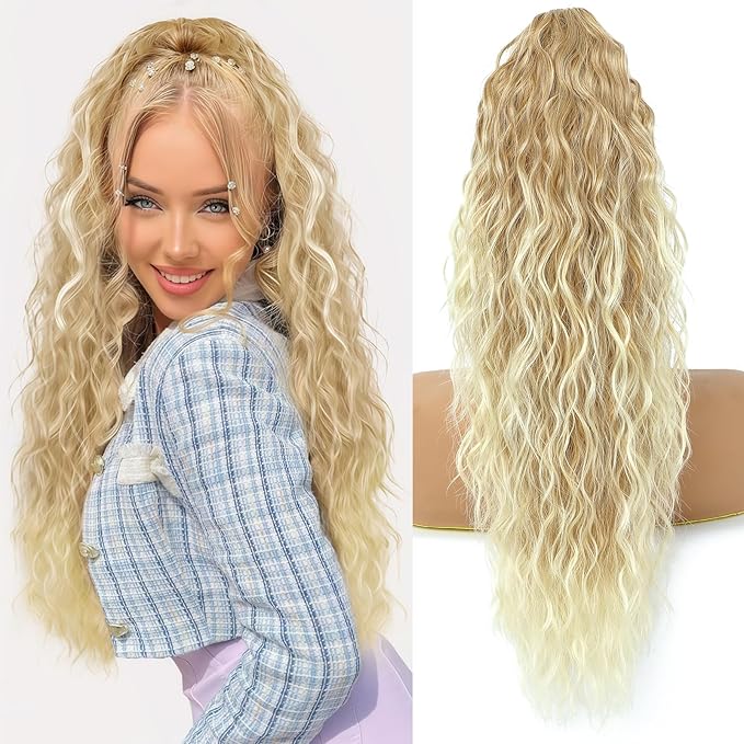 Ponytail Extension, Claw Clip on Pony tails Hair Extension for Women 22 Inch Long Wavy Curly Fake Ponytail Clip in Hair Pieces for Women Fluffy Natural Looking (Blond To Light Blonde)