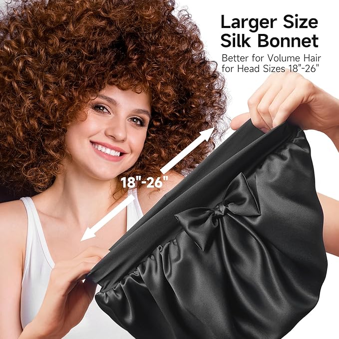 Double-Sided 22 Momme 100% Real Mulberry Silk Bonnet for Sleeping Women, Large Hair Care Bonnet for Long Curly Hair, Double Layer Silk Wrap with Soft Elastic Band, Non-Slip Sleep Cap, Jet Black