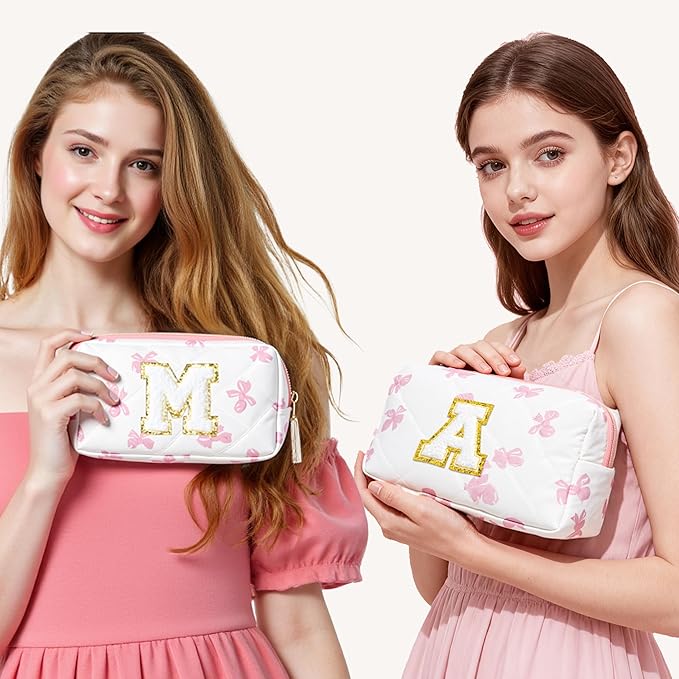 HBselect Initial Makeup Bag for Women, Pink Cosmetic Travel Toiletry Bag, Flowers Zipper Make Up Pouch Organizer Teen Girl Gifts Trendy Stuff G