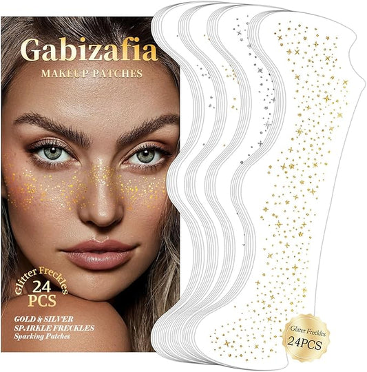 24 PCS Glitter Freckles Face Tattoos, Gold Silver Face Makeup Speckle Patches Freckles, Halloween Tattoos Cosplay Party Makeup Accessories for Women Girl Kids, Cosmetic Glitter for Face