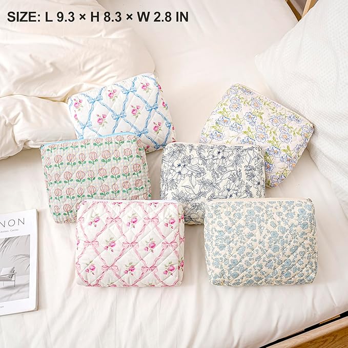 Cute Floral Makeup Bag Large Cotton Quilted Cosmetic Bag, Aesthetic Essential Bag Toiletry Period Bag for Women Travel Accessories (Navy Flowers)