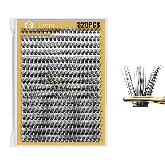 QUEWEL Lash Clusters 320Pcs Cluster Lashes 50D C Curl Lash Cluster Eyelash Extensions Mix9-16mm Individual Eyelashes Clusters Wispy Lash Clusters Thin Band Soft to Use at Home(50D C Mix9-16)
