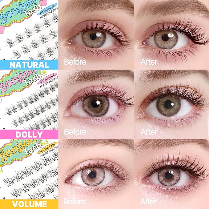 CLIONE PRIME Korean Self Adhesive Lash Clusters Natural Look No Glue Press On Pre Bond Lash Clusters Fluffy Self Adhesive False Eyelashes No Glue Needed Reusable Wispy Eyelash Extensions