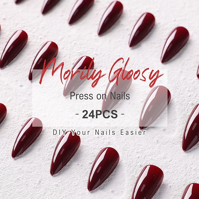 morily 24Pcs Wine Red Press on Nails Medium Length Stiletto False Nails Long Fake nails Glossy Acrylic Stick on Nails Solid Color Almond Full Cover Artificial Nails for Women (Wine Red)