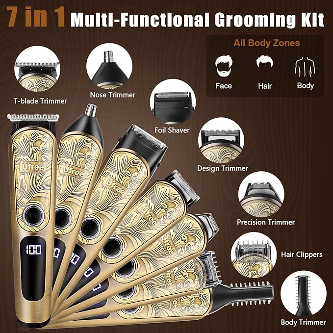 Ufree Gifts for Men, Beard Trimmer with Charging Stand, IPX7 Waterproof Electric Razor Shavers for Men, Clippers for Hair Cutting, Mens Grooming Kit for Mustache Nose Facial Body