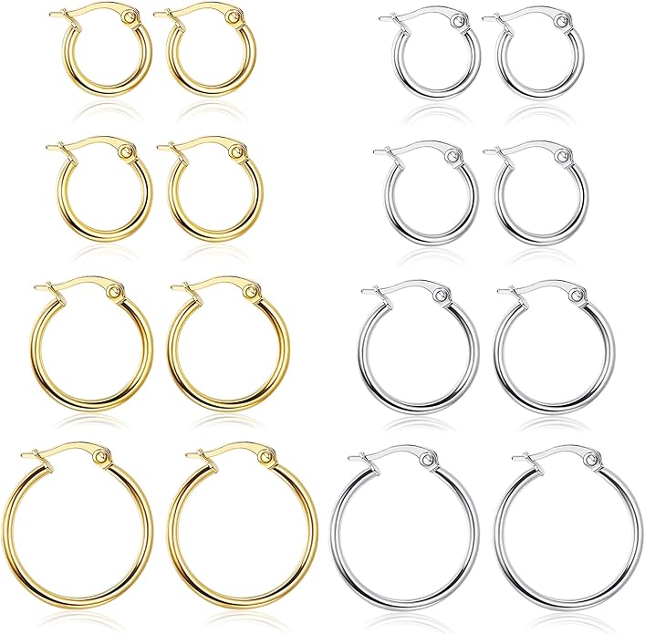 LOYALLOOK Gold Hoop Earrings Set Stainless Steel Rounded Small Hoop Earrings Set for Women Cute Huggie Earrings Nickel Free 10/12/15/20MM