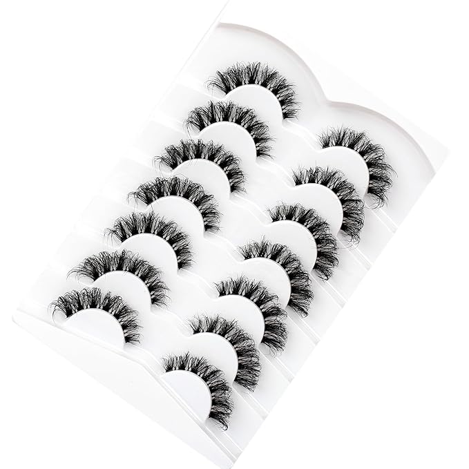 Pooplunch Fake Eyelashes Faux Mink Lashes Strips Cat Eye Wispy Volume Lashes D-Curly Clear-Band Natural 8D Extension Wispies 7 Pairs Pack