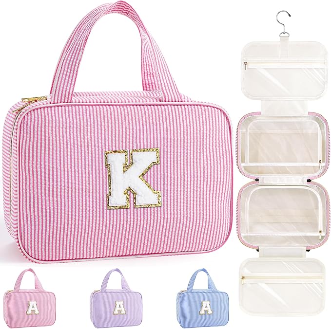 TOPEAST Travel Hanging Toiletry Bag, Personalized Initial Toiletry Pouch, Birthday Gifts for Women Mom Daughter Sister Friends, Cruise Essentials, Pink K