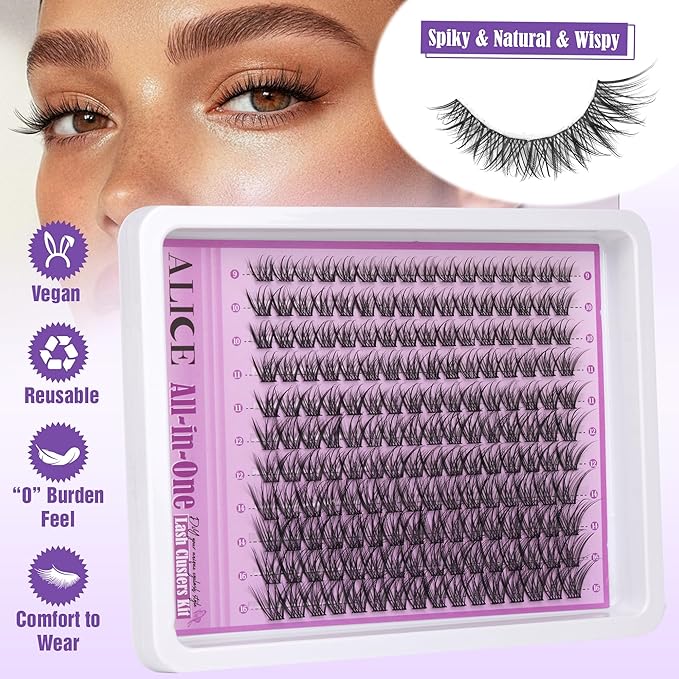 ALICE Natural Lash Clusters Kit Wispy Lash Extension Kit Cluster Eyelash Extension Kit C Curl 9-16mm Individual Lashes with Lash Glue Bond and Seal Lash Remover and Tweezers