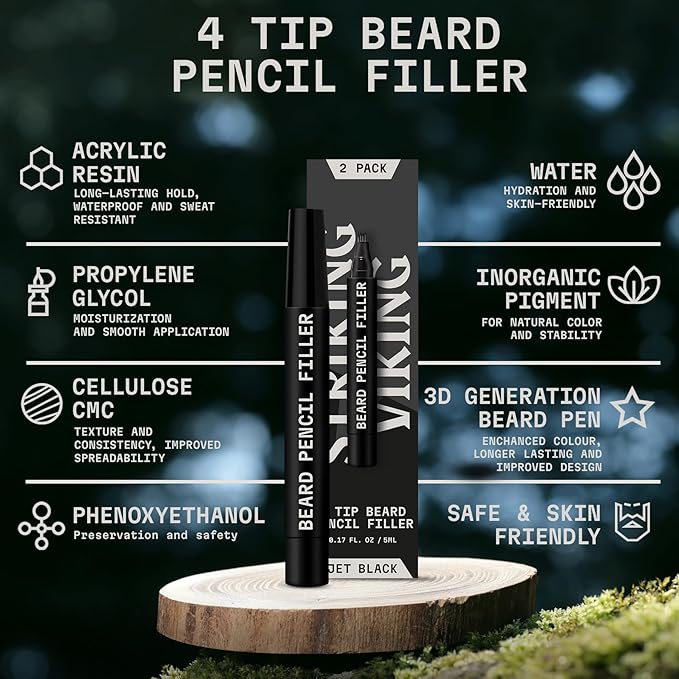 Striking Viking Beard Pencil Filler - Jet Black, 2-Pack with Soft Bristle Brush - Barber Pencil Tip for Gap Repair - Realistic Hair Strokes with Beard Pen - Waterproof All-Day Wear with Pen Filler