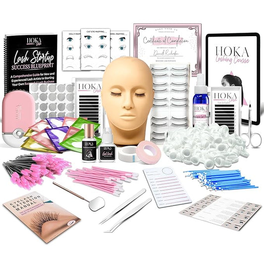 Hoka Lash Eyelash Extension Kit & Training Course and Certification, Professional Lash Extension Kit for Beginners Includes Practice Mannequin Head, Lash Trays, Glue, Tweezers, Fan & More