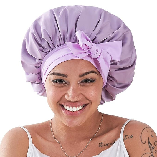 Tie Band Silk Satin Bonnet for Sleeping Hair: Women Sleep Night Wrap Cap for Straight Wavy Curly Coily Kinky Natural Hair Head - Lavender Purple