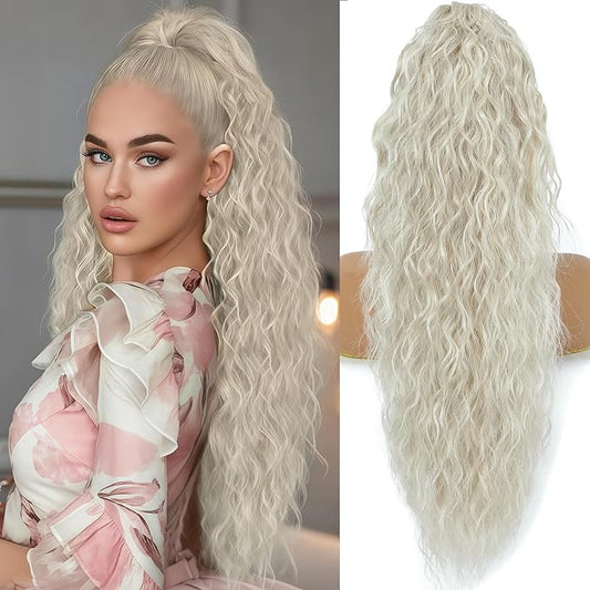 Ponytail Extension, Claw Clip on Pony tails Hair Extension for Women 28 Inch Long Wavy Curly Fake Ponytail Clip in Hair Pieces for Women Fluffy Natural Looking (Off-white, 28 Inch)