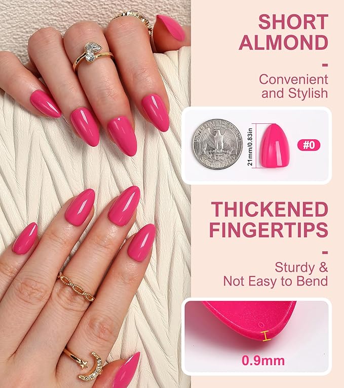 Morily 30Pcs Hot Pink Press on Nails Almond, Short Fake Nails Glossy Acrylic False Nails Reusable Full Cover Stick on Nails for Women, 15 Sizes, Thicker Fingertips