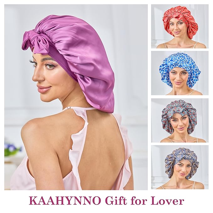 Silk Satin Bonnet for Sleeping Hair: Women Sleep Night Wrap Cap for Straight Wavy Curly Coily Kinky Natural Hair Head by Tie Band - Soft Fuchsia +Pink