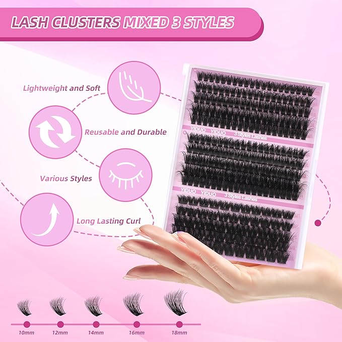 YIDUO Lash Clusters Lashes Kit Volume D Curl Wispy Individuals Eyelash Extensions, Volume Studio Effect, Fake Eyelashes 255Pcs All-in-1 Pack with Glue |Tweezers |Removers |Eyelash & Eyebrow Brush