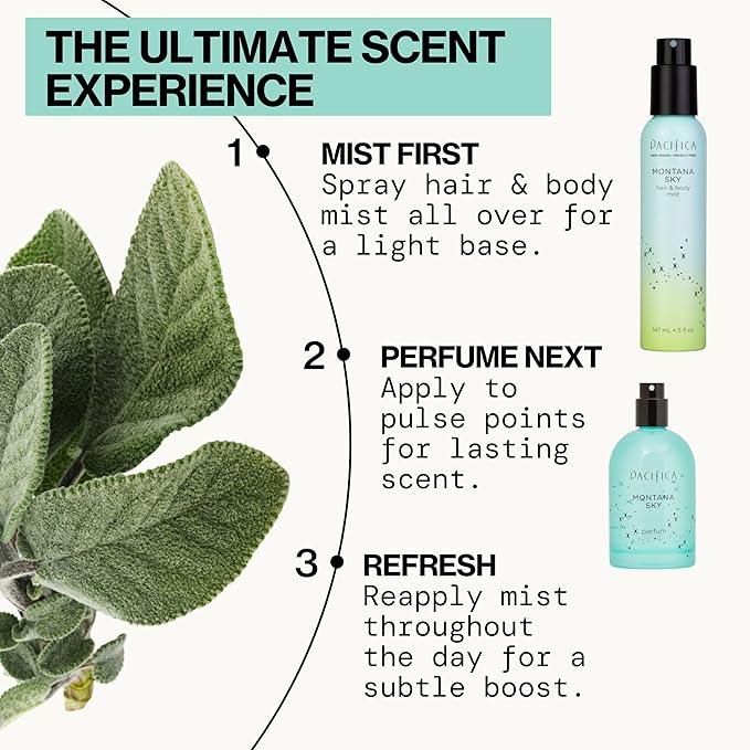 Pacifica Hair Mist Perfume & Full Body Spray for Women - Montana Sky Body Mist Fragrance w/Cedarwood, Elderflower, Black Pepper, Sage & Sandalwood Clean Beauty Alcohol-Free, Vegan & Cruelty-Free 5 oz | for Women, Clean Beauty, Alcohol-Free, Vegan, Crue...
