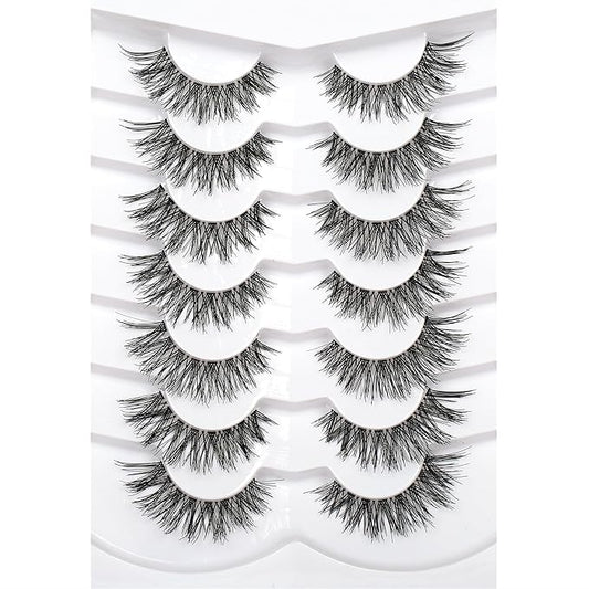 Pooplunch False Eyelashes Hand-Knotted Natural Cat Eye Look Wispy Extensions Fake Eyelash Faux Mink Lashes Strips 7 Pairs Pack