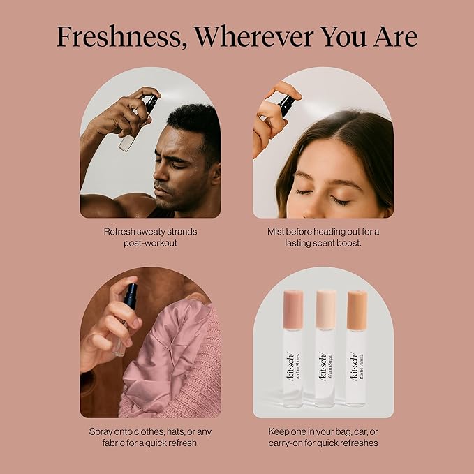 Kitsch Hair Perfume for Women - Trio Set | Clean, Deodorizing & Patented Odor-Eliminating Technology Hair Spray & Body Mist - Freshen Hair, Pillows - Amber Shores, Warm Sugar, Rustic Vanilla, 3x10mL